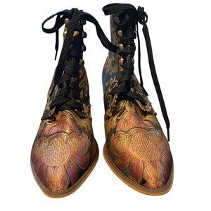 Brocade Lace-Up Ankle Boots Black Gold Pink Boho Steampunk EU 43/SIZE 10 NWOT